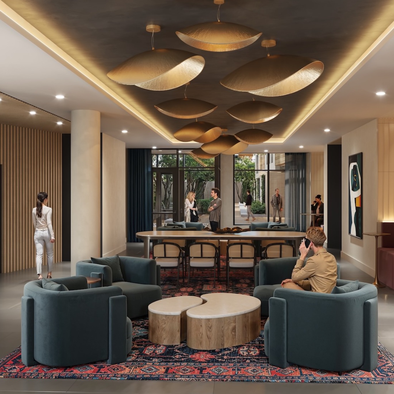 a clubroom with people, tables, chairs and a couch