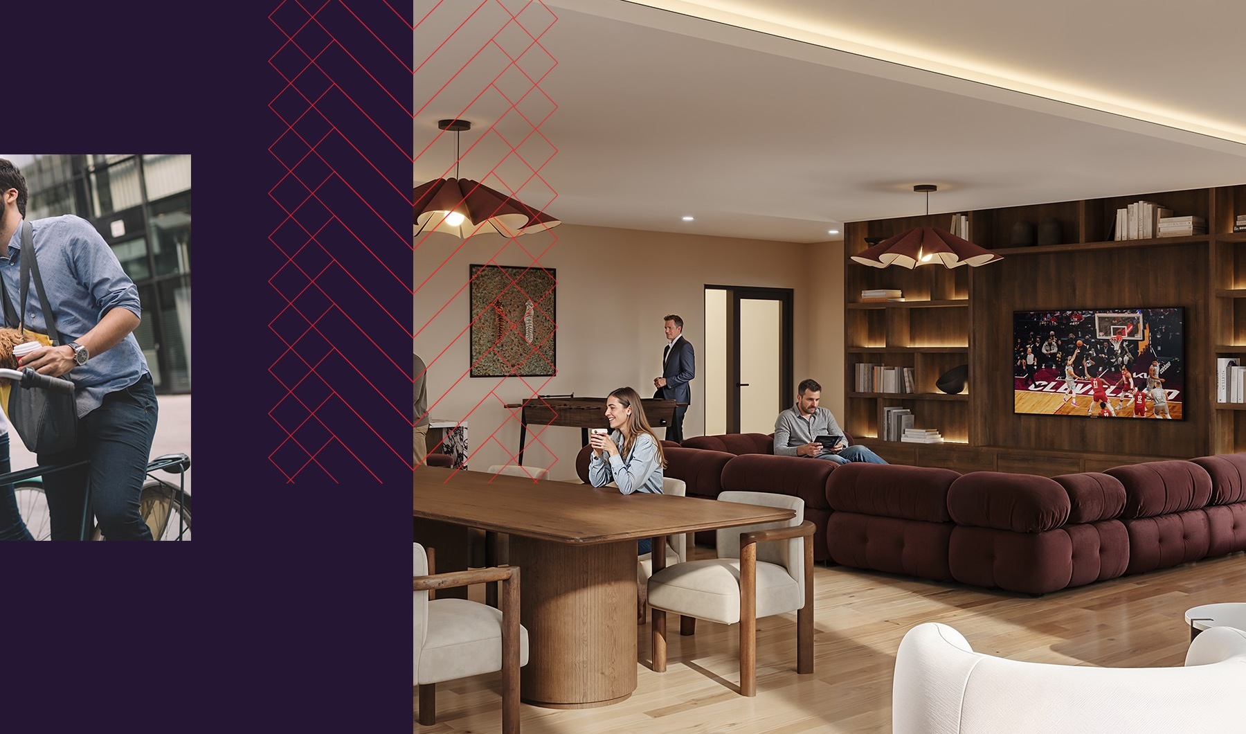a clubroom with people sitting down